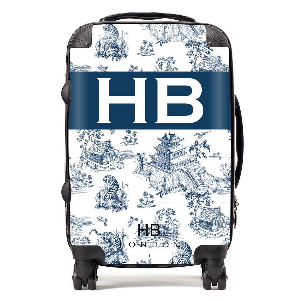 Personalised Navy Oriental Toile with Original Font Initial Suitcase - HB LONDON