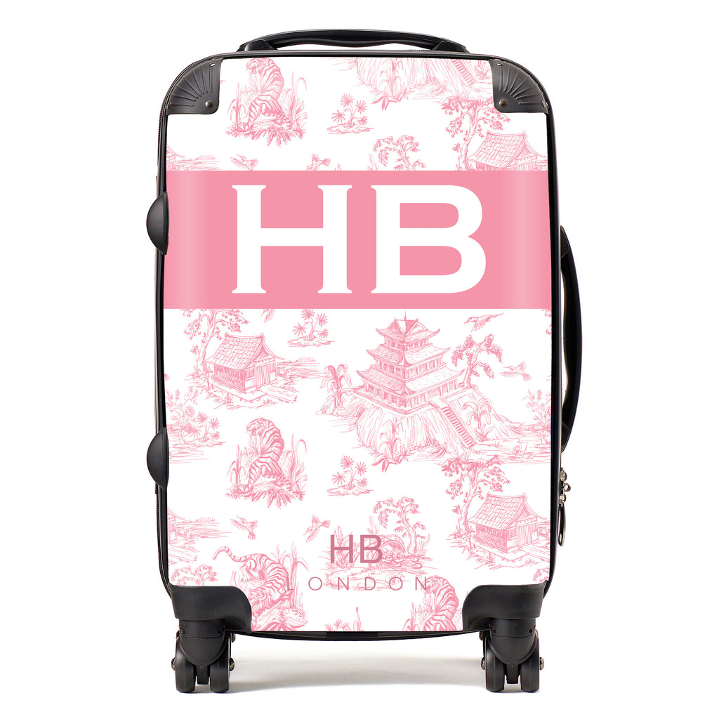 Personalised Pink Oriental Toile with Original Font Initial Suitcase - HB LONDON