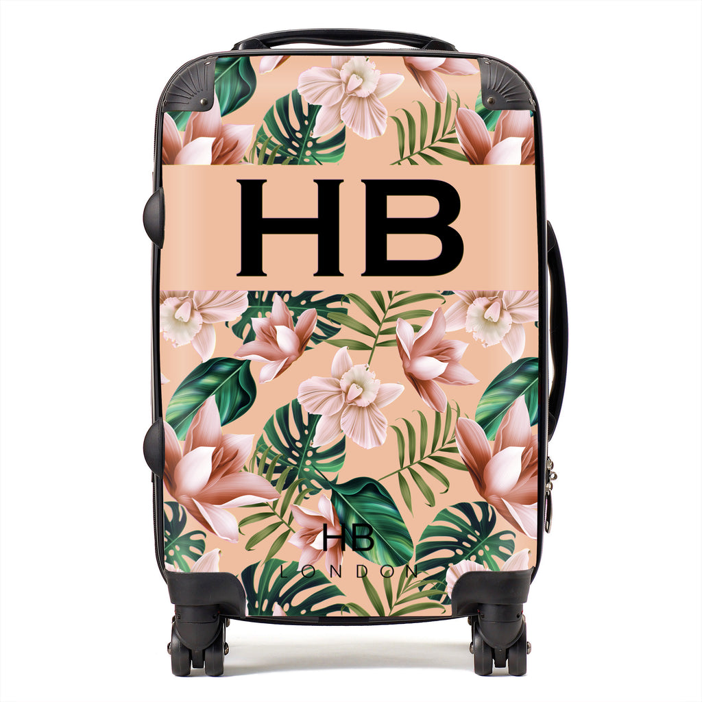 Personalised Peach Tropical Flowers with Black Font Initial Suitcase - HB LONDON
