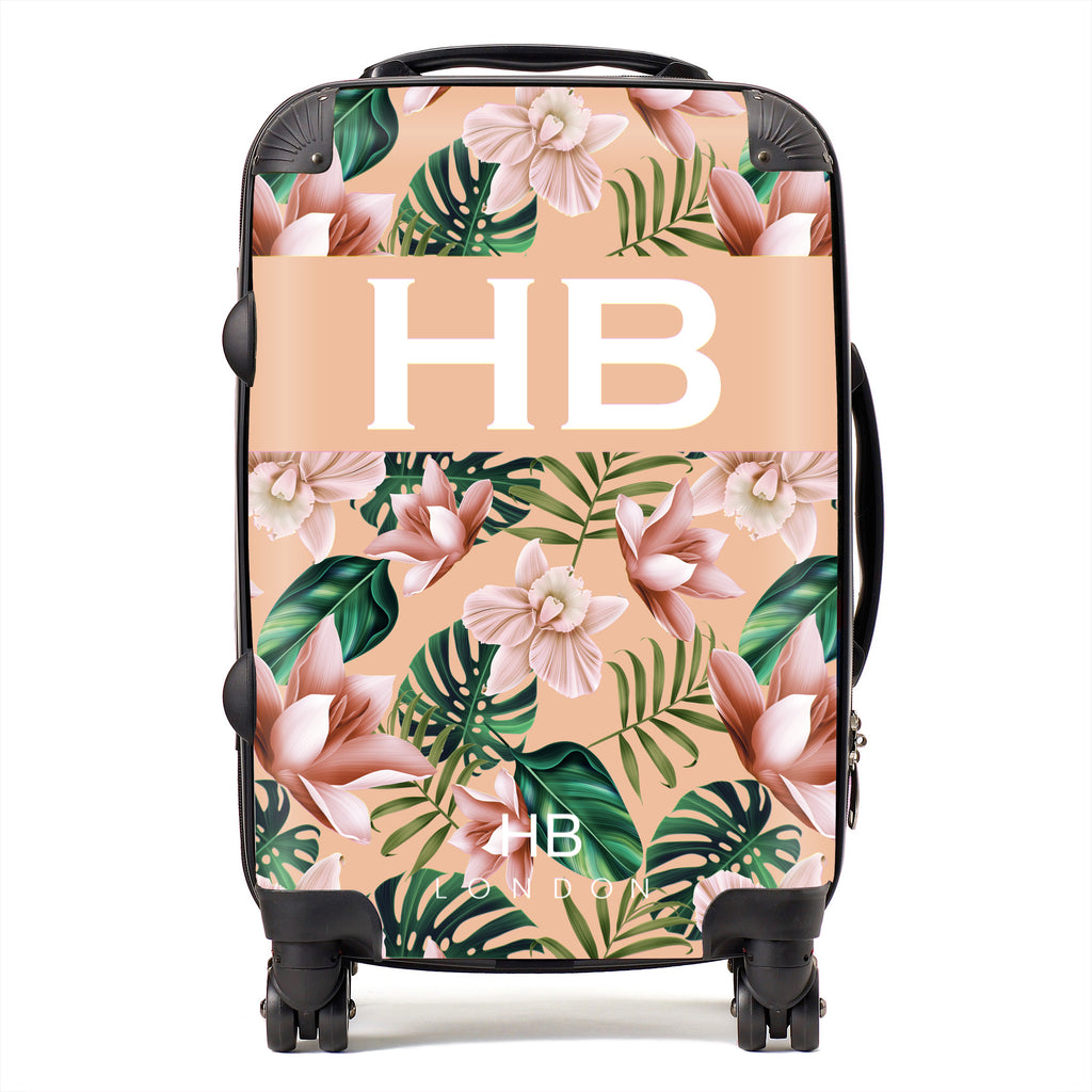 Personalised Peach Tropical Flowers with White Font Initial Suitcase - HB LONDON