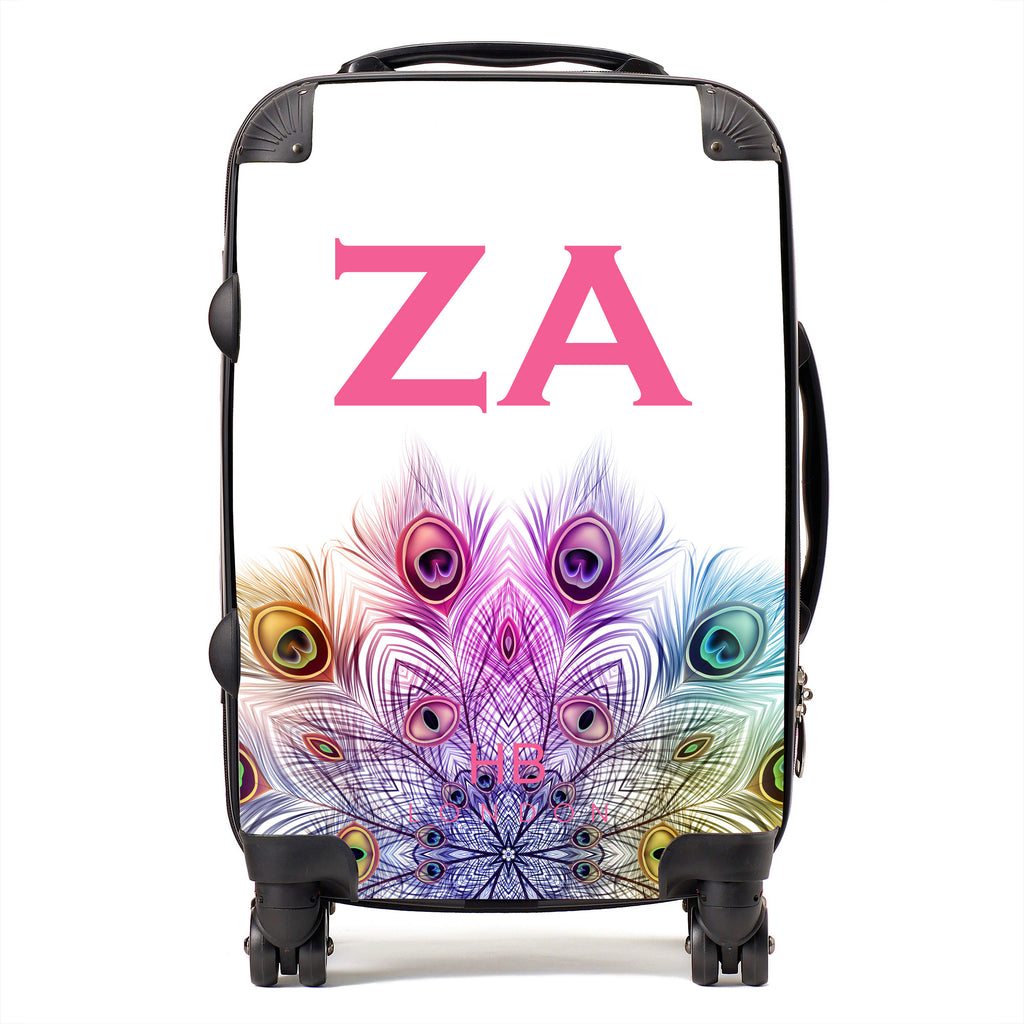 Personalised Peacock Mandala with Pink Font Initial Suitcase - HB LONDON