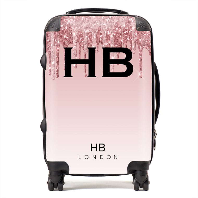 Personalised Pink Drip Glitter Effect with Black Font Initial Suitcase - HB LONDON