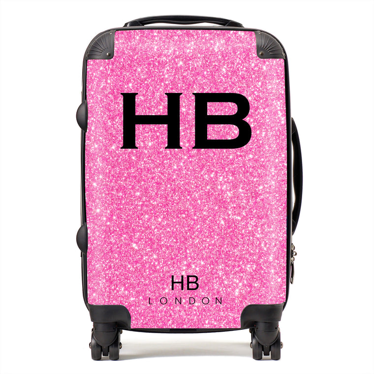 Personalised Pink Glitter Effect with Black Font Initial Suitcase - HB LONDON