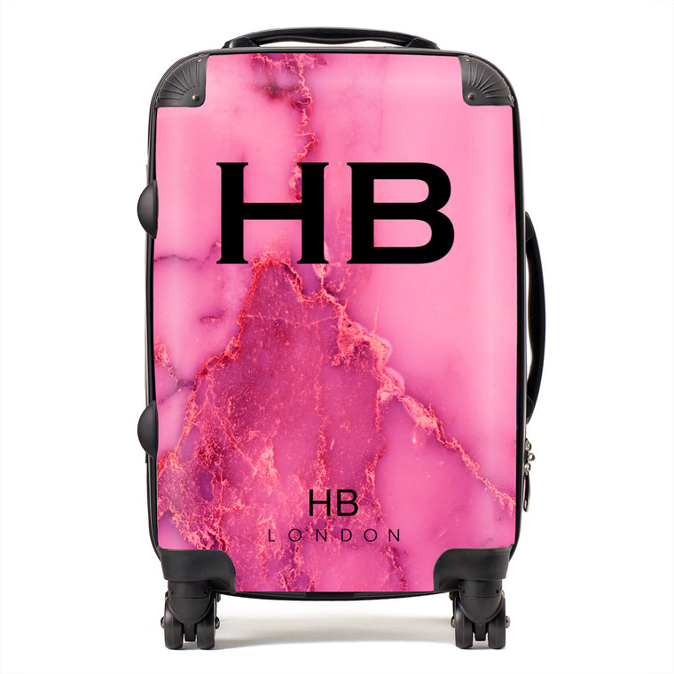 Personalised Pink Natural Marble with Black Font Initial Suitcase - HB LONDON