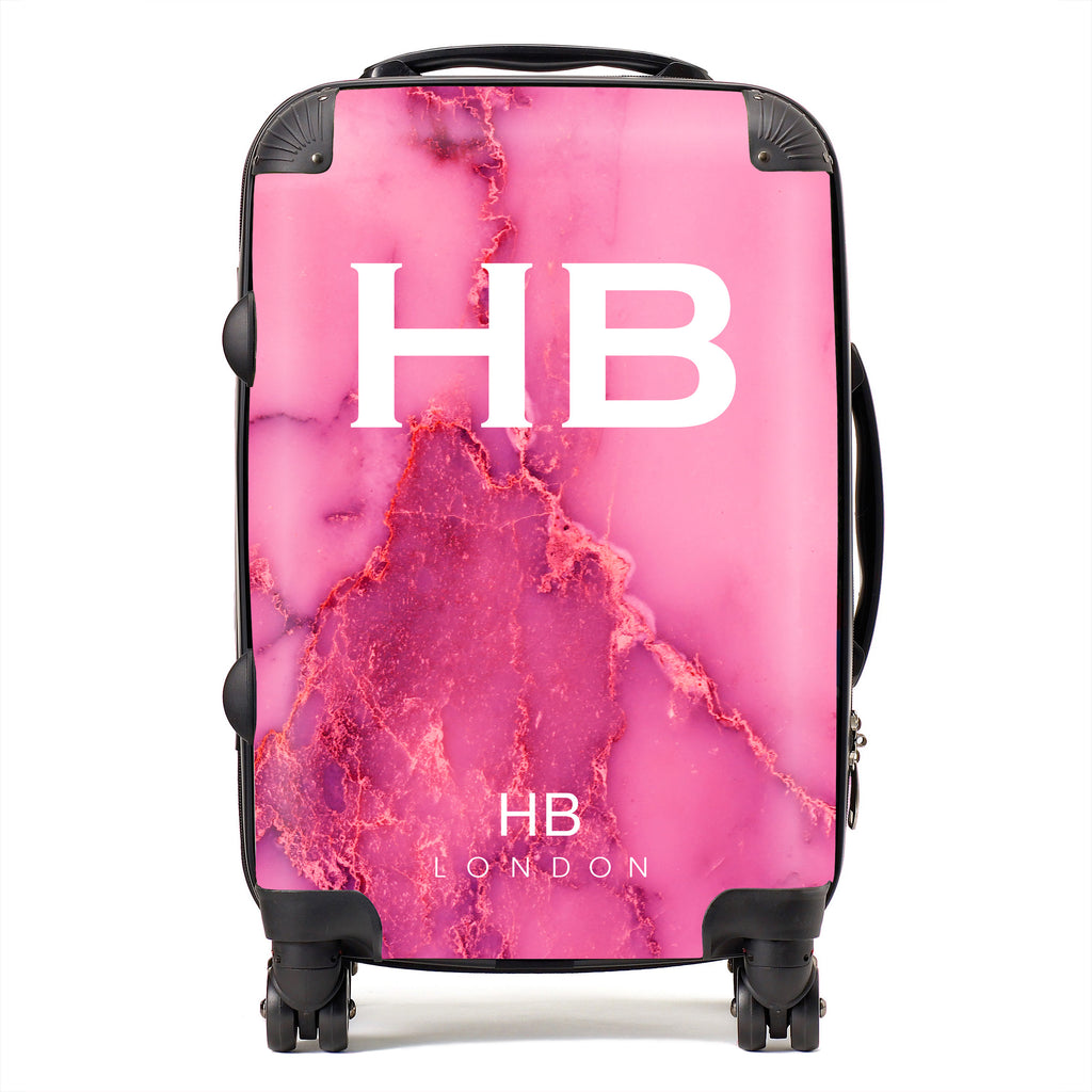 Personalised Pink Natural Marble with White Font Initial Suitcase - HB LONDON