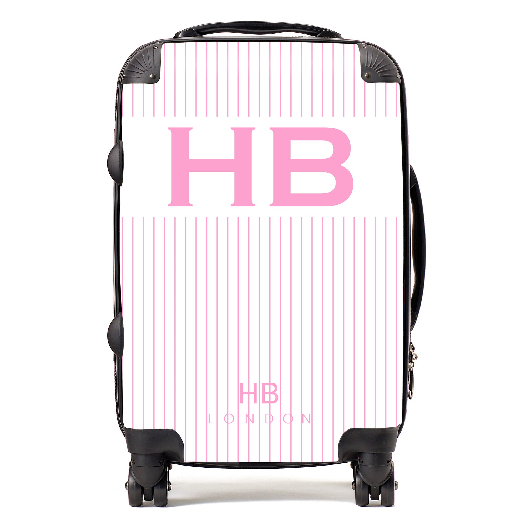 Personalised White and Pink Pinstripe with Pink Font Initial Suitcase - HB LONDON