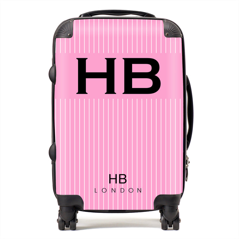 Personalised Pink Pinstripe with Black Font Initial Suitcase - HB LONDON