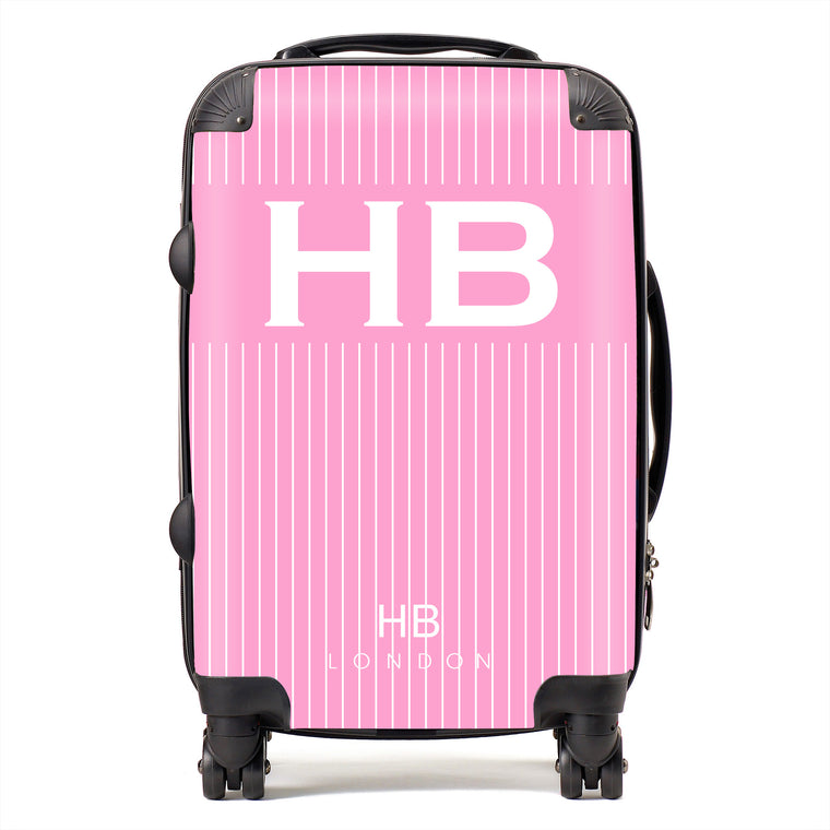 Personalised Pink Pinstripe with White Font Initial Suitcase - HB LONDON