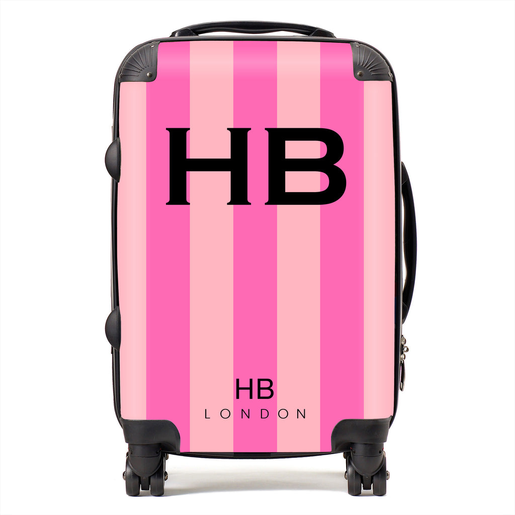 Personalised Pink Stripe with Black Font Initial Suitcase - HB LONDON