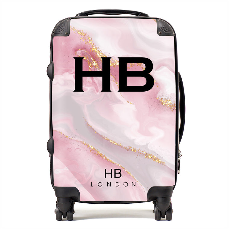 Personalised Pink, Grey and Gold Marble with Black Font Initial Suitcase - HB LONDON