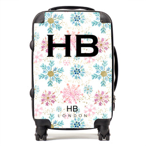 Personalised Pink and Blue Snowflake with Black Font Initial Suitcase - HB LONDON