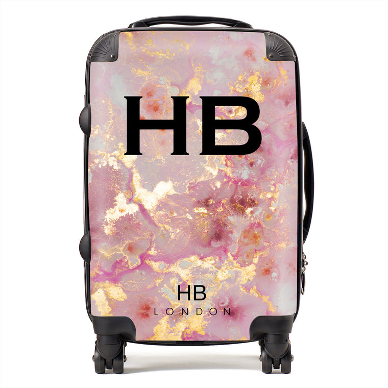 Personalised Pink and Gold Marble with Black Font Initial Suitcase - HB LONDON