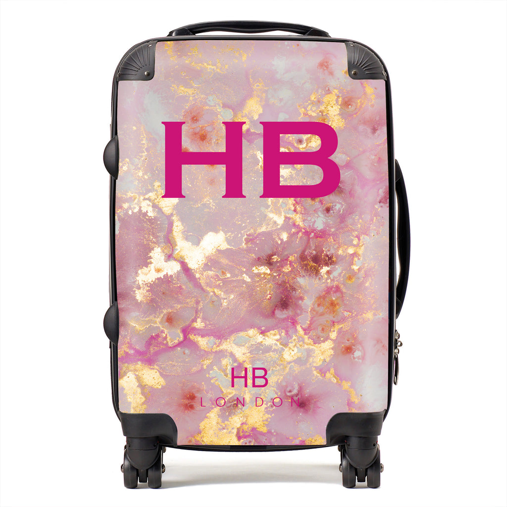 Personalised Pink and Gold Marble with Pink Font Initial Suitcase - HB LONDON