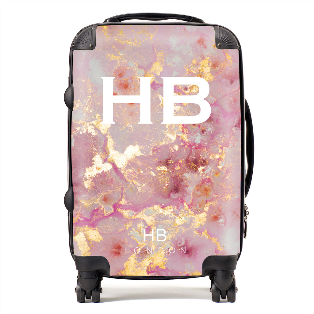 Personalised Pink and Gold Marble with White Font Initial Suitcase - HB LONDON