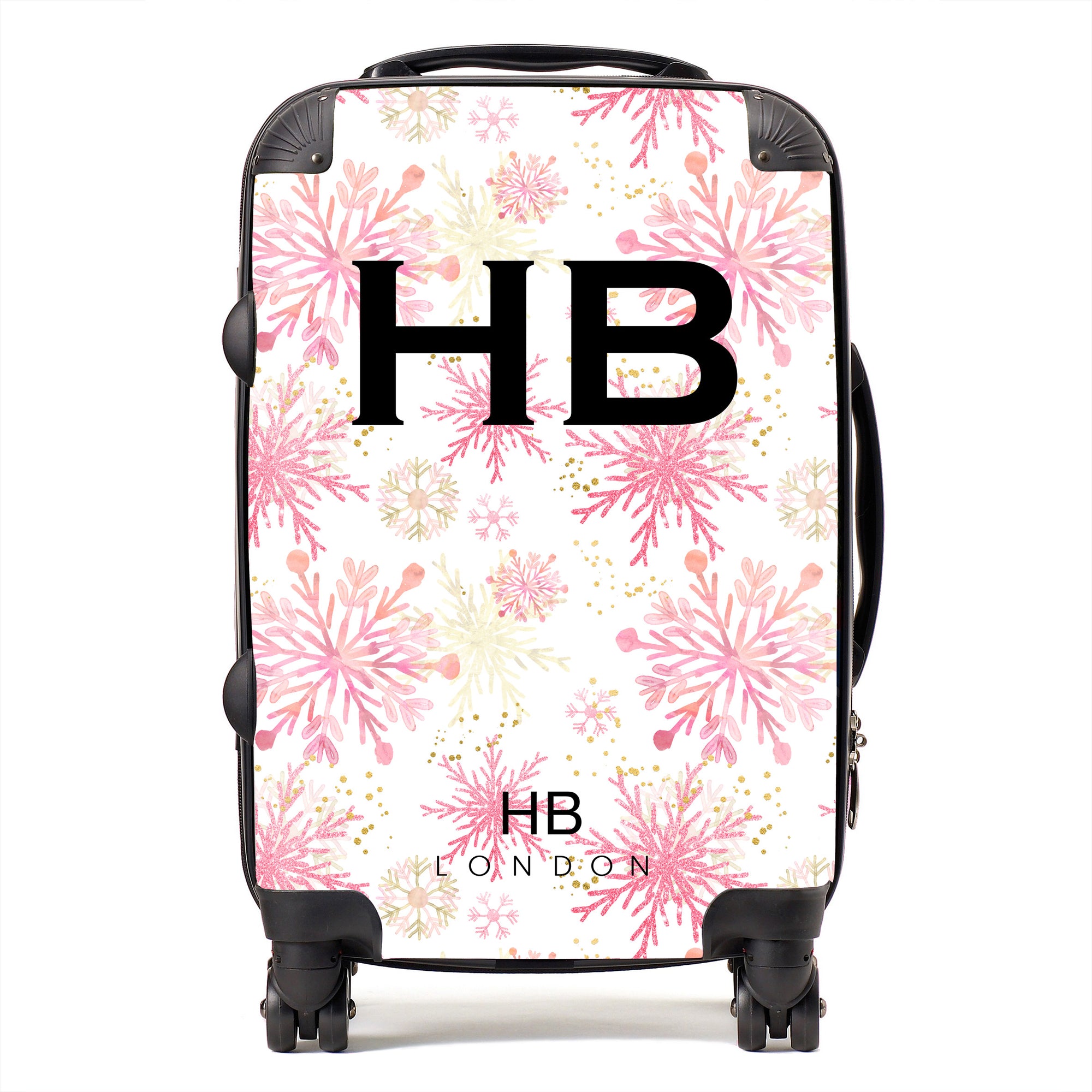 Personalised Pink and Gold Snowflake with Black Font Initial Suitcase - HB LONDON