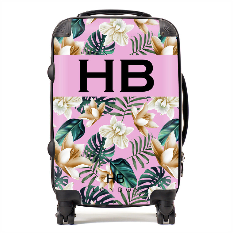 Personalised Pink and Nude Tropical Flowers with Black Font Initial Suitcase - HB LONDON