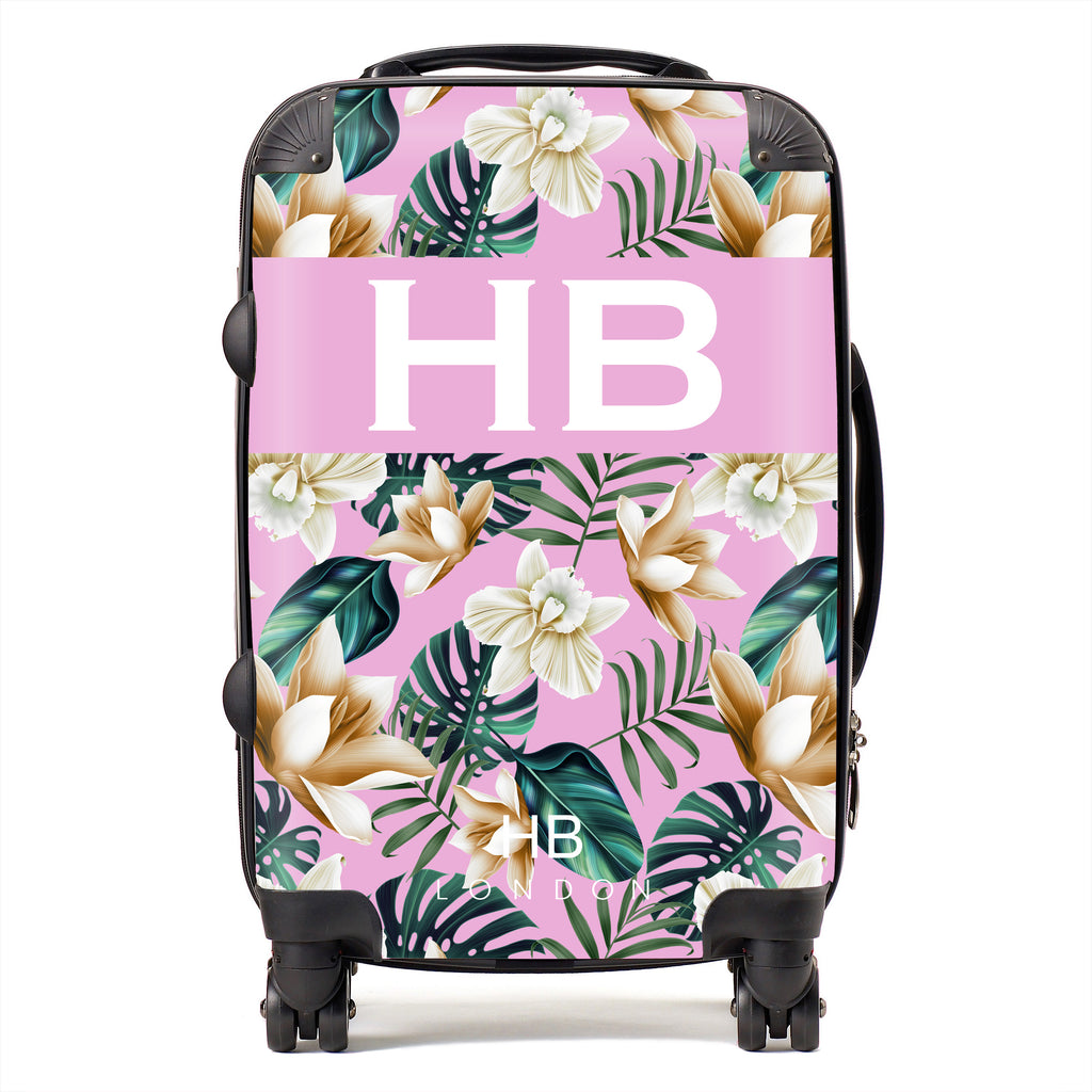 Personalised Pink and Nude Tropical Flowers with White Font Initial Suitcase - HB LONDON
