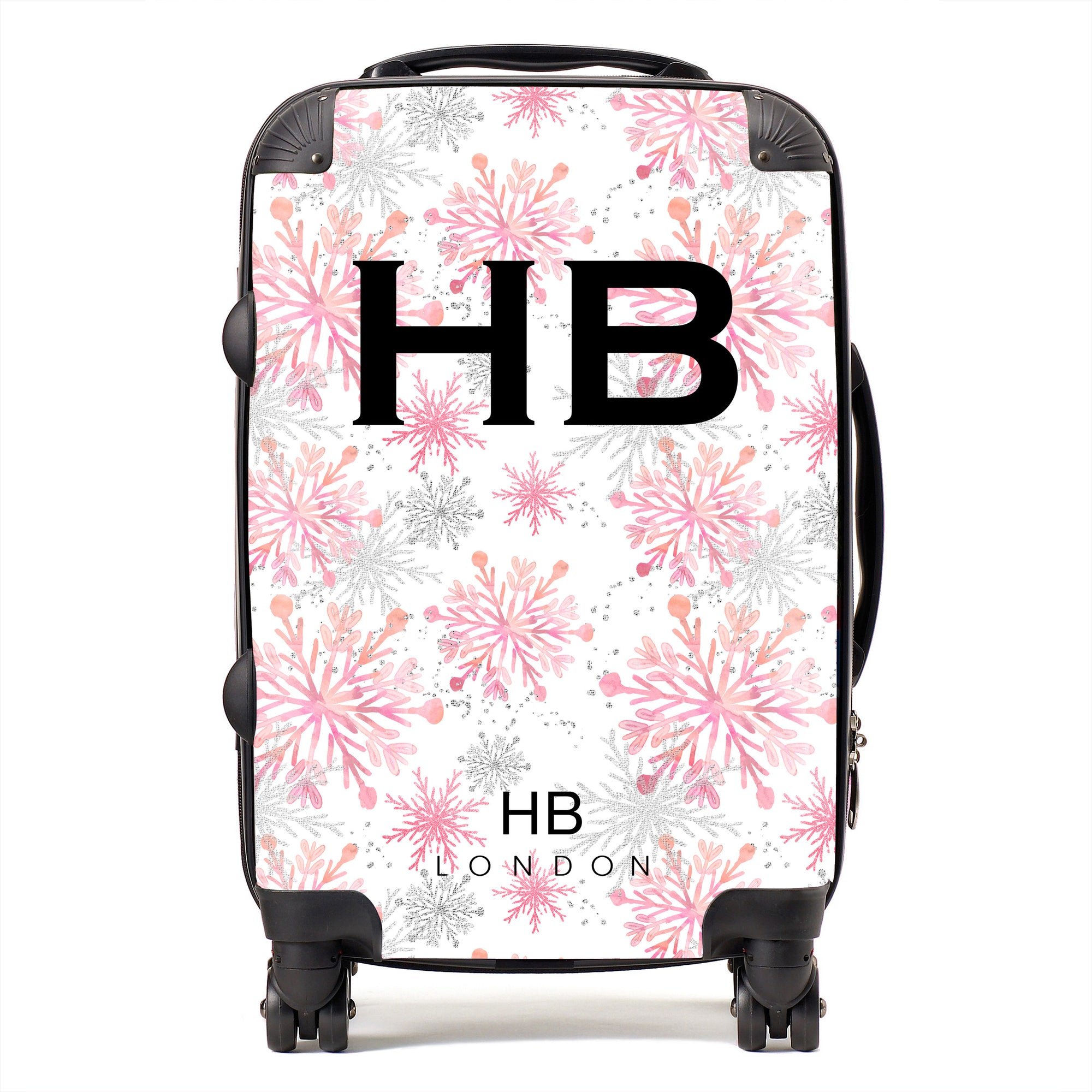 Personalised Pink and Silver Snowflake with Black Font Initial Suitcase - HB LONDON