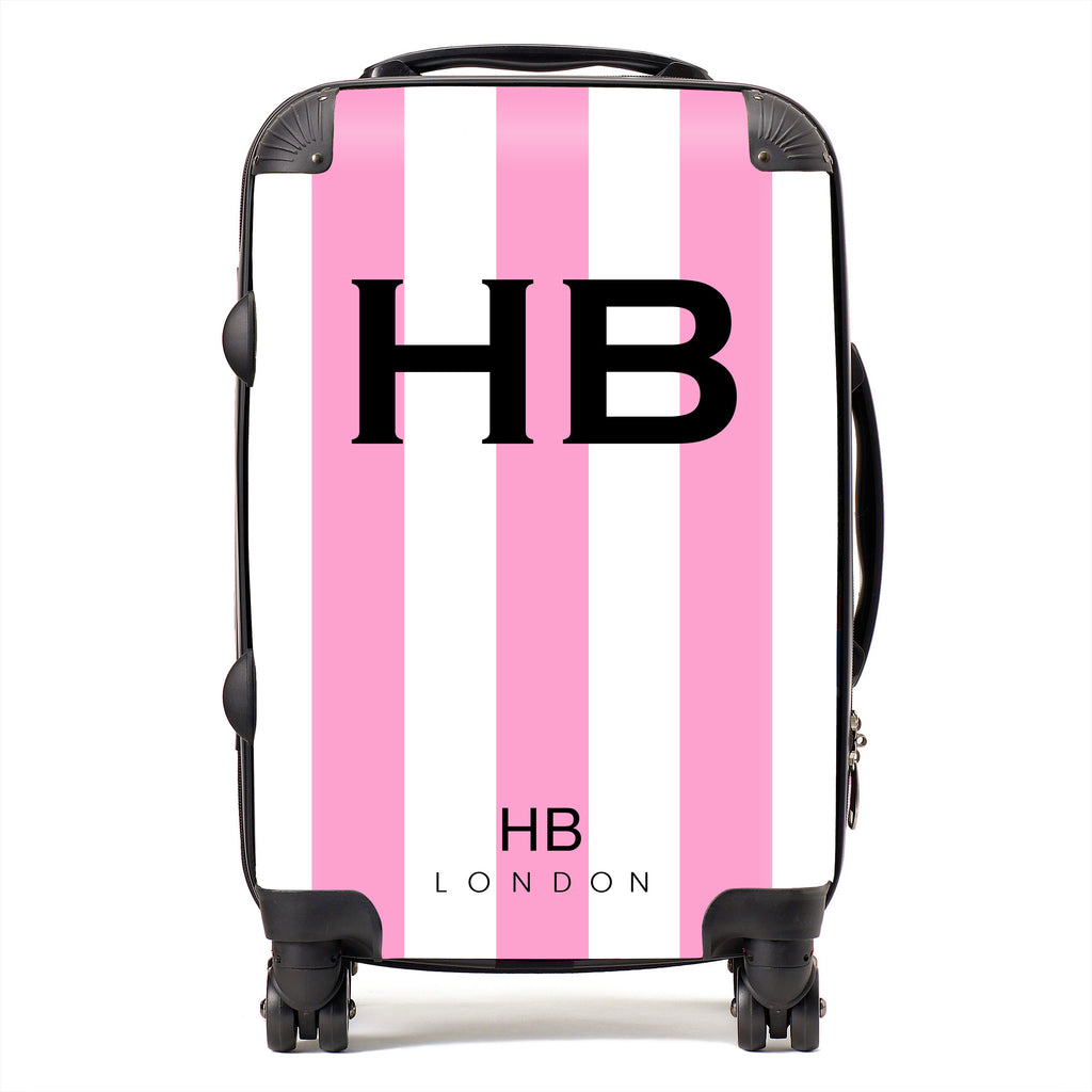 Personalised Pink and White Stripe with Black Font Initial Suitcase - HB LONDON