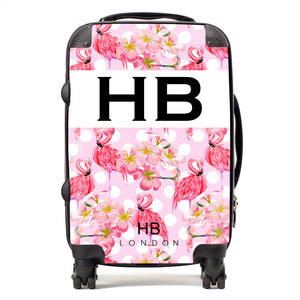 Personalised Polka Dot Flamingo Print Initial Suitcase - HB LONDON