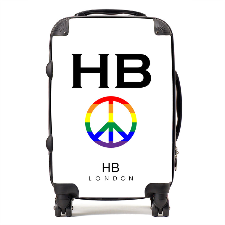 Personalised White Pride Peace with Black Font Initial Suitcase - HB LONDON