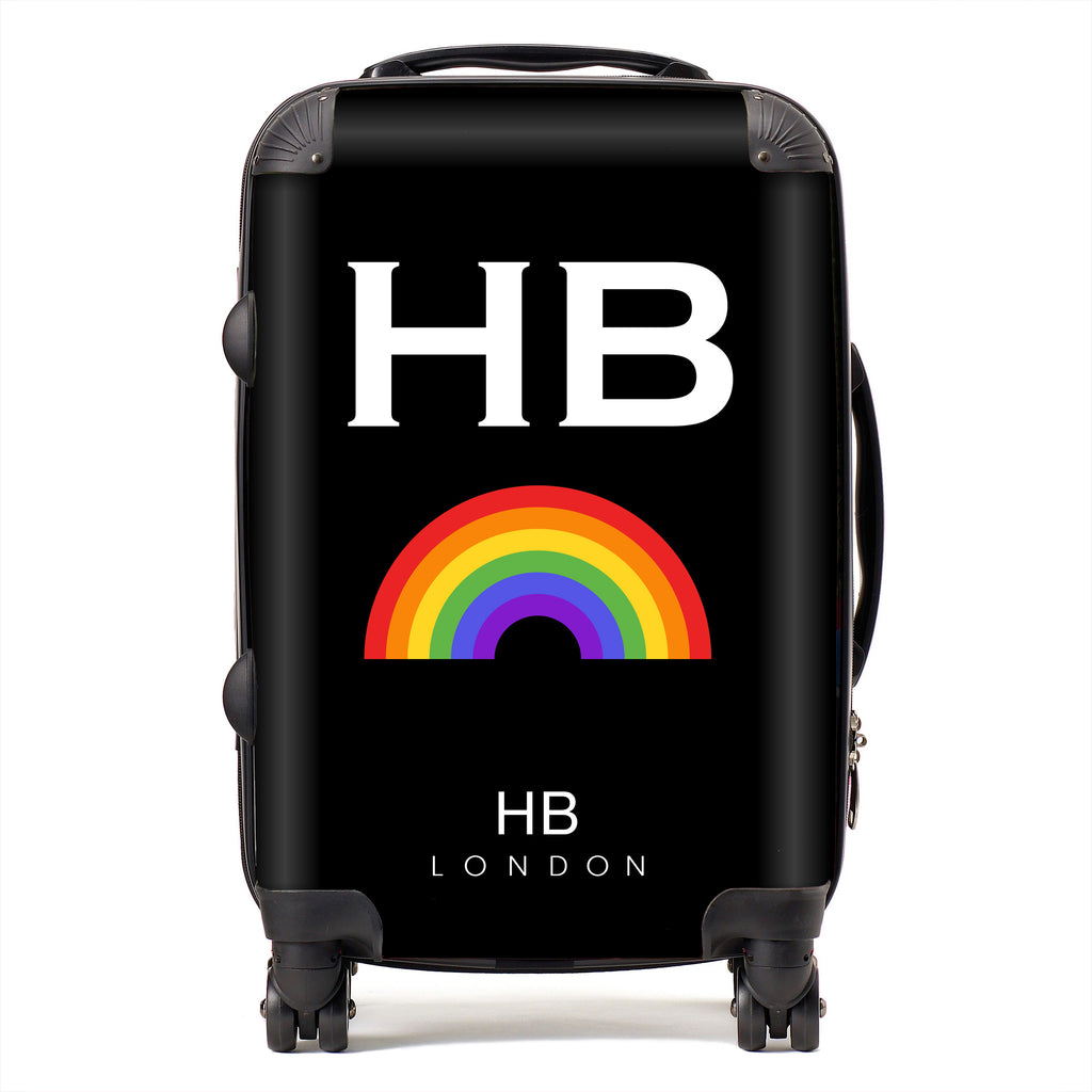 Personalised Black Pride Rainbow with White Font Initial Suitcase - HB LONDON