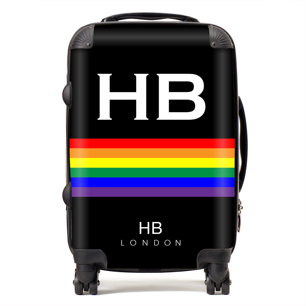 Personalised Black Pride Stripe with White Font Initial Suitcase - HB LONDON