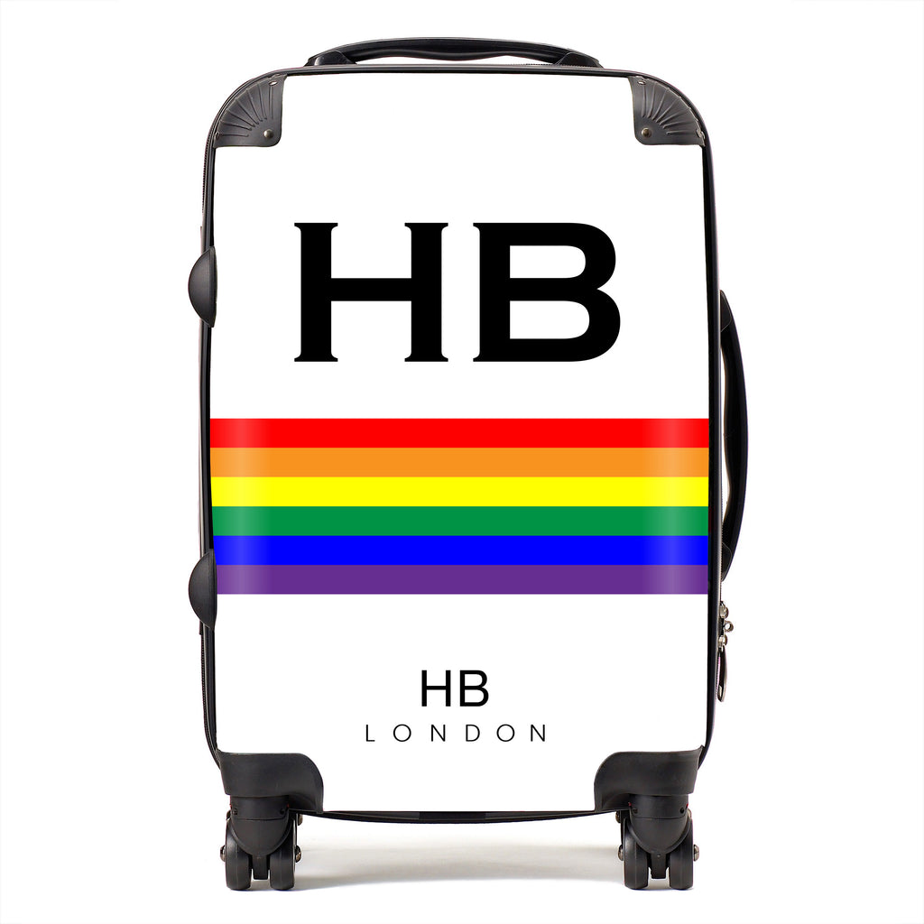 Personalised White Pride Stripe with Black Font Initial Suitcase - HB LONDON