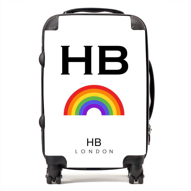 Personalised White Pride Rainbow with Black Font Initial Suitcase - HB LONDON
