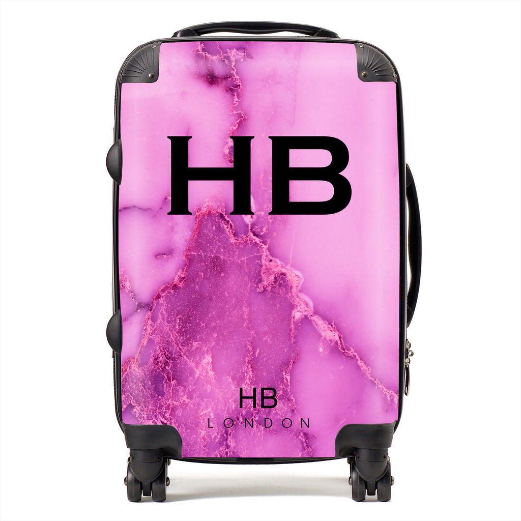 Personalised Purple Natural Marble with Black Font Initial Suitcase - HB LONDON