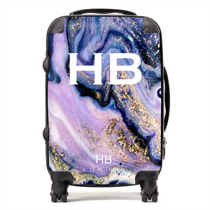 Personalised Purple and Gold Liquid Marble with White Font Initial Suitcase - HB LONDON