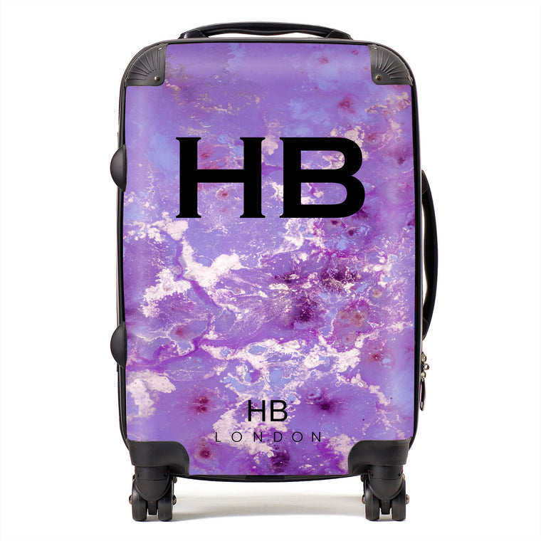 Personalised Purple and Off White Marble with Black Font Initial Suitcase - HB LONDON