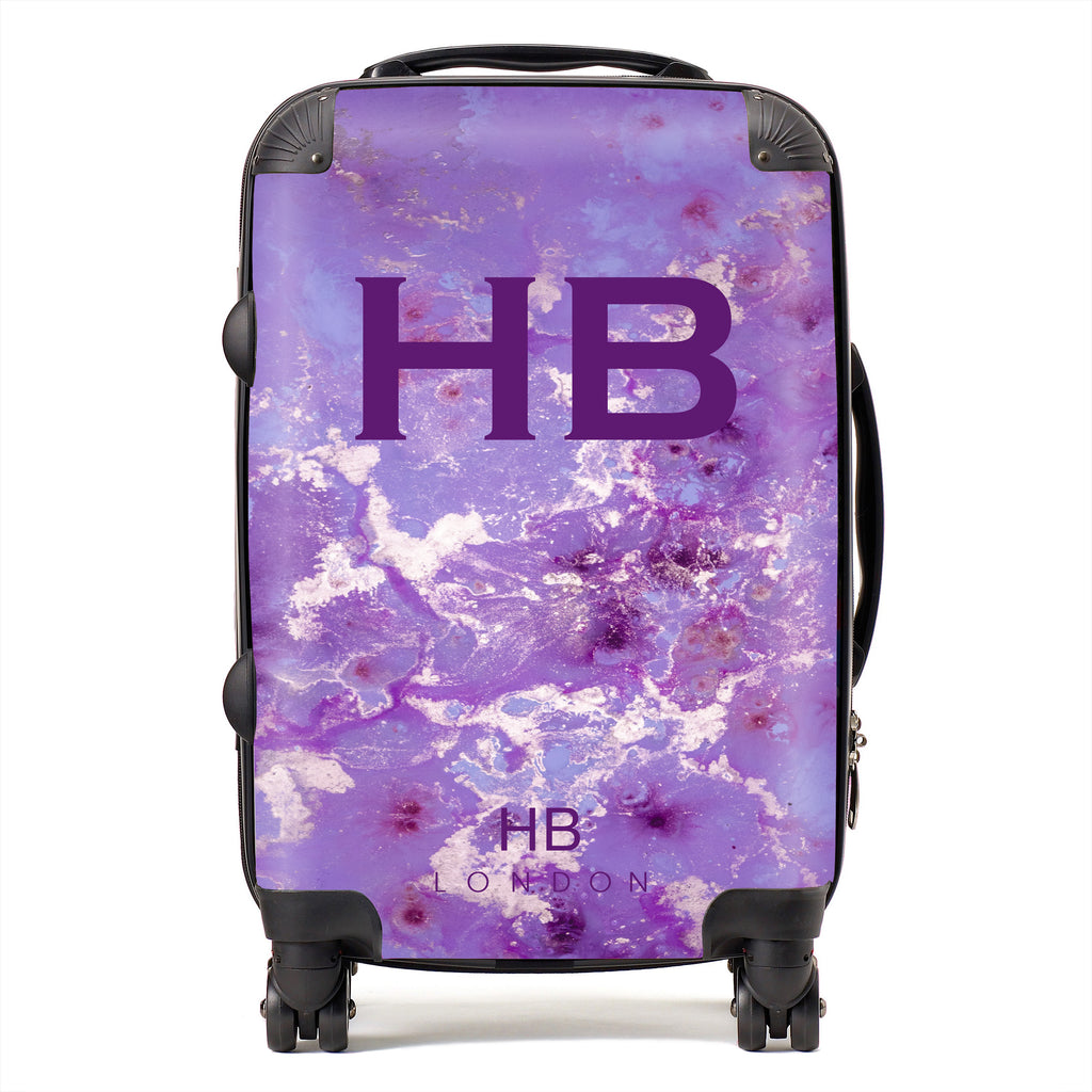 Personalised Purple and Off White Marble with Purple Font Initial Suitcase - HB LONDON