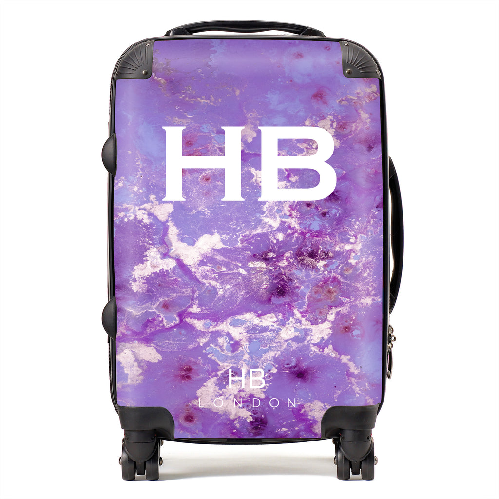 Personalised Purple and Off White Marble with White Font Initial Suitcase - HB LONDON