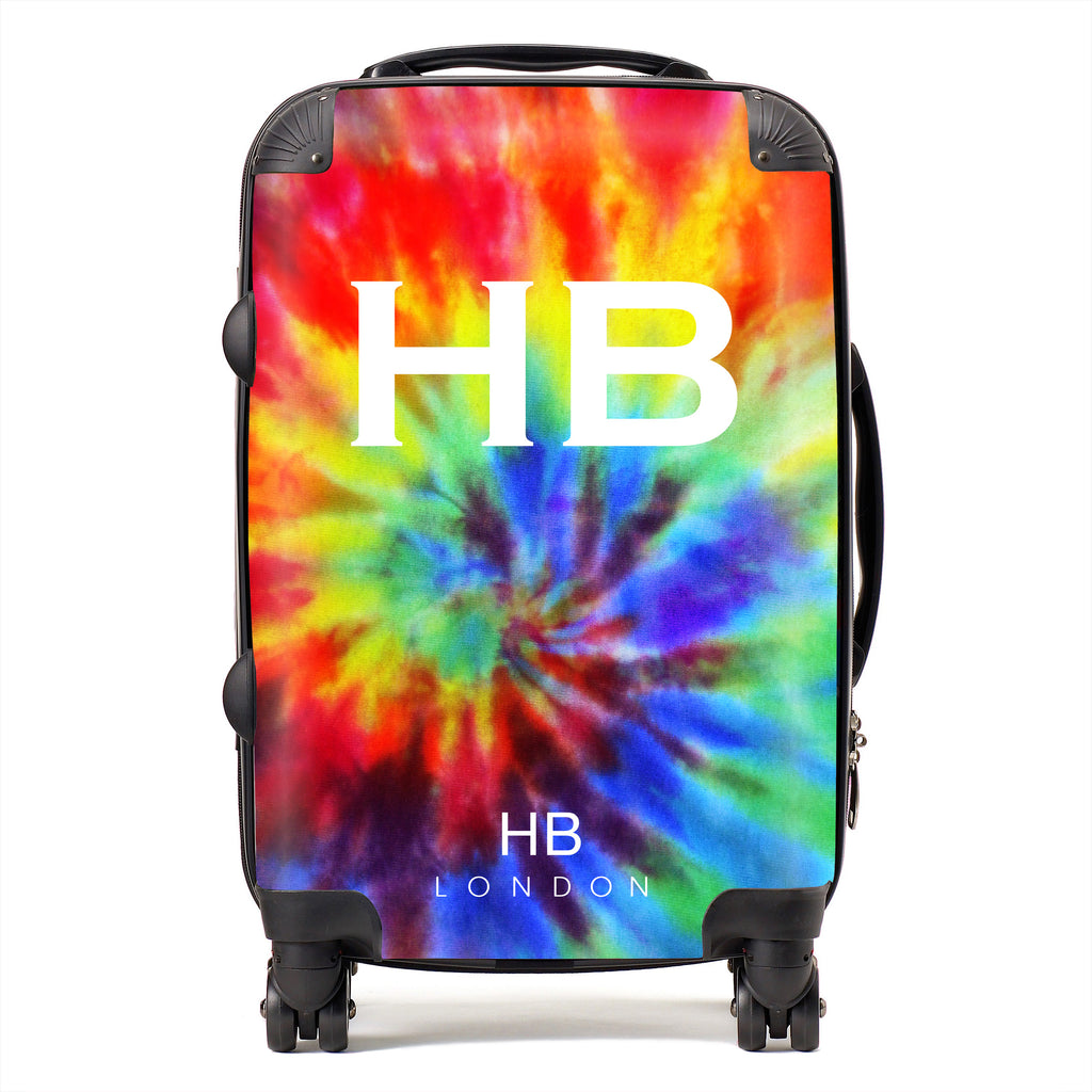 Personalised Rainbow Tie Dye with White Font Initial Suitcase - HB LONDON