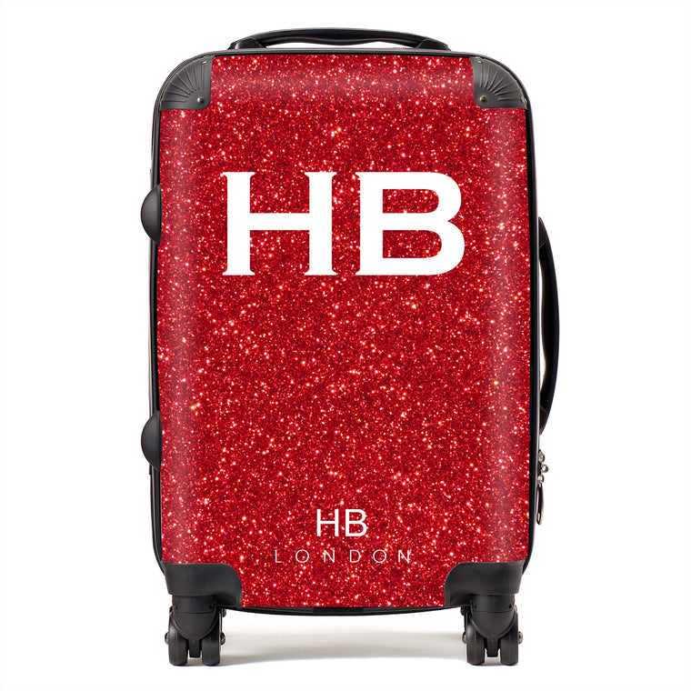 Personalised Red Glitter Effect with White Font Initial Suitcase - HB LONDON