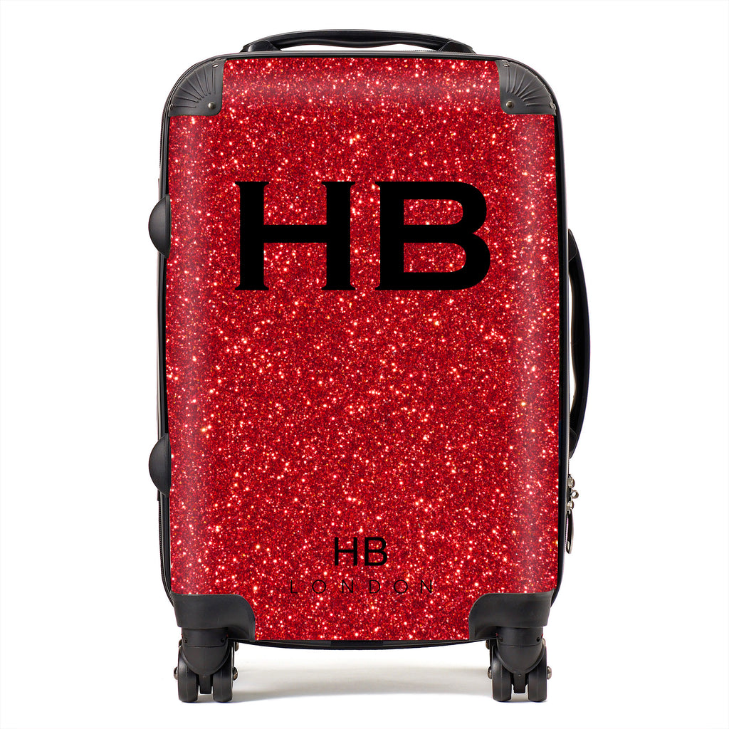 Personalised Red Glitter Effect with Black Font Initial Suitcase - HB LONDON