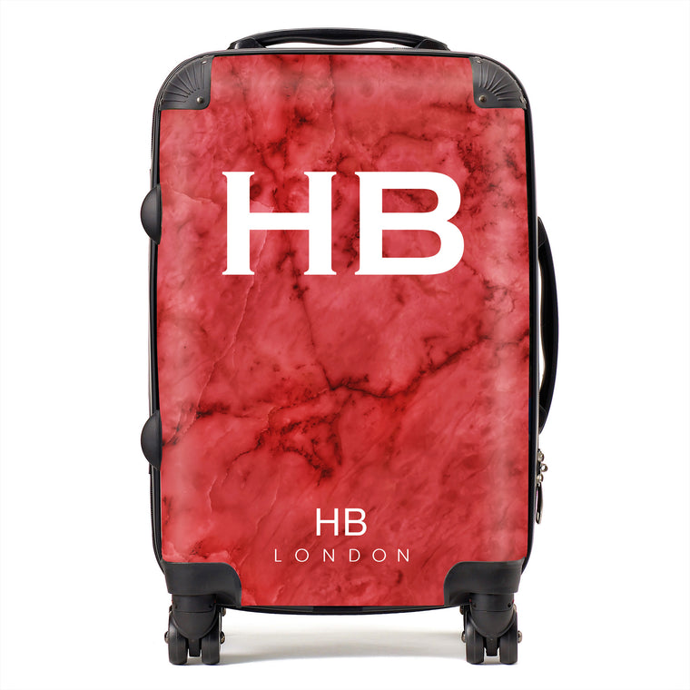 Personalised Red Marble with White Font Initial Suitcase - HB LONDON