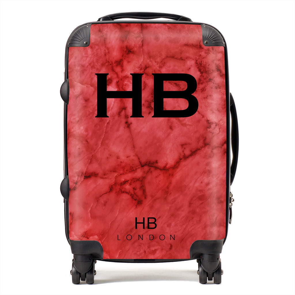 Personalised Red Marble with Black Font Initial Suitcase - HB LONDON