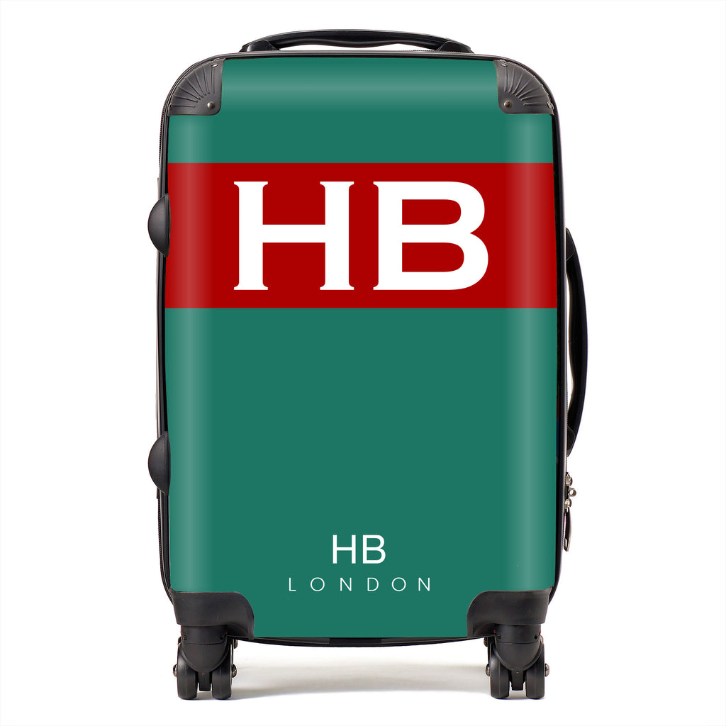 Personalised Green and Red with White Font Initial Suitcase - HB LONDON