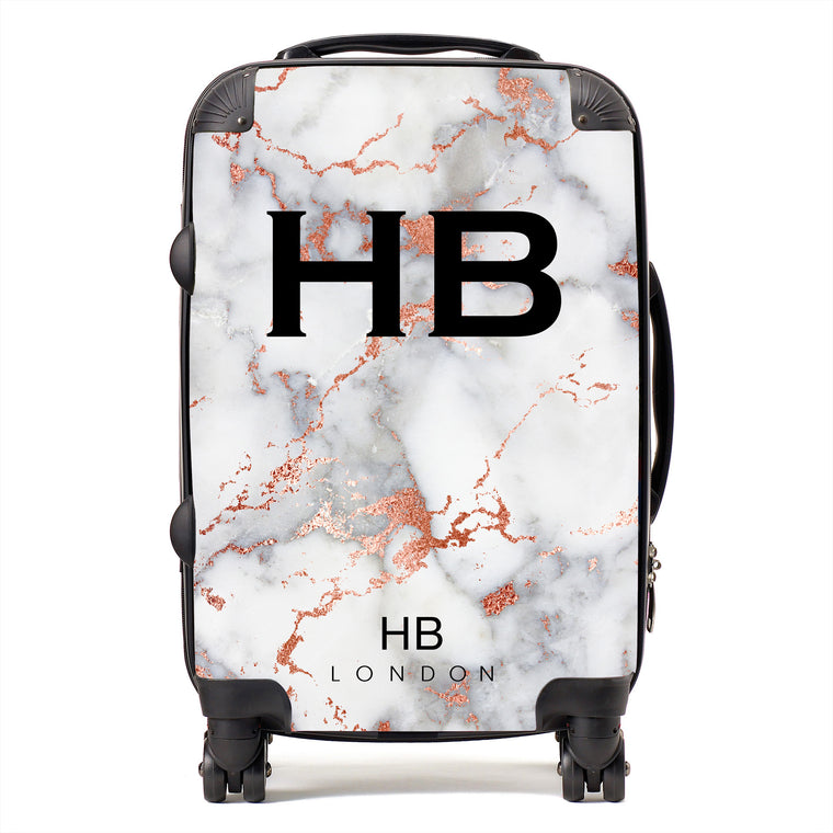 Personalised White and Rose Gold Foil Marble Initial Suitcase - HB LONDON