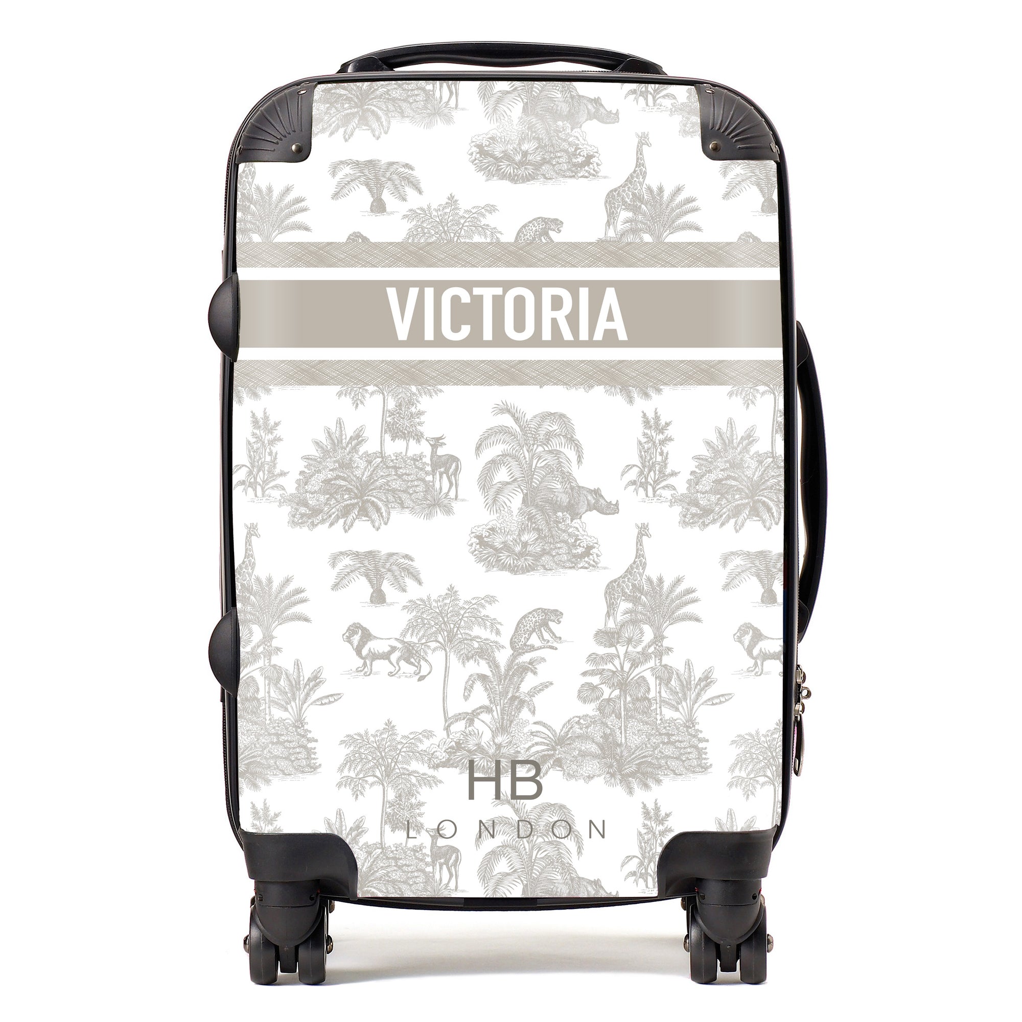 Personalised Greige Safari Toile with Designer Font Initial Suitcase - HB LONDON