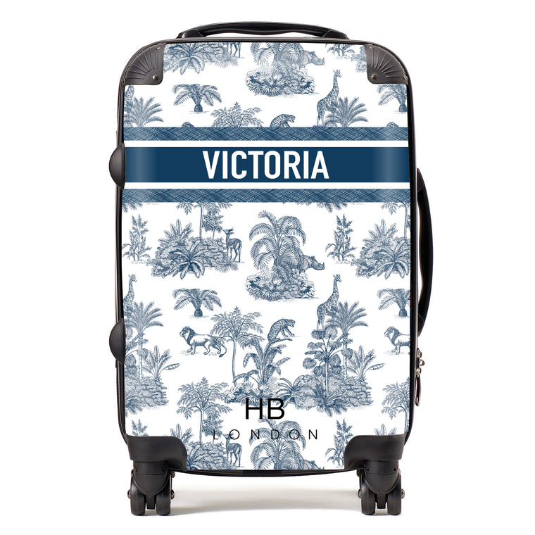 Personalised Navy Safari Toile with Designer Font Initial Suitcase - HB LONDON