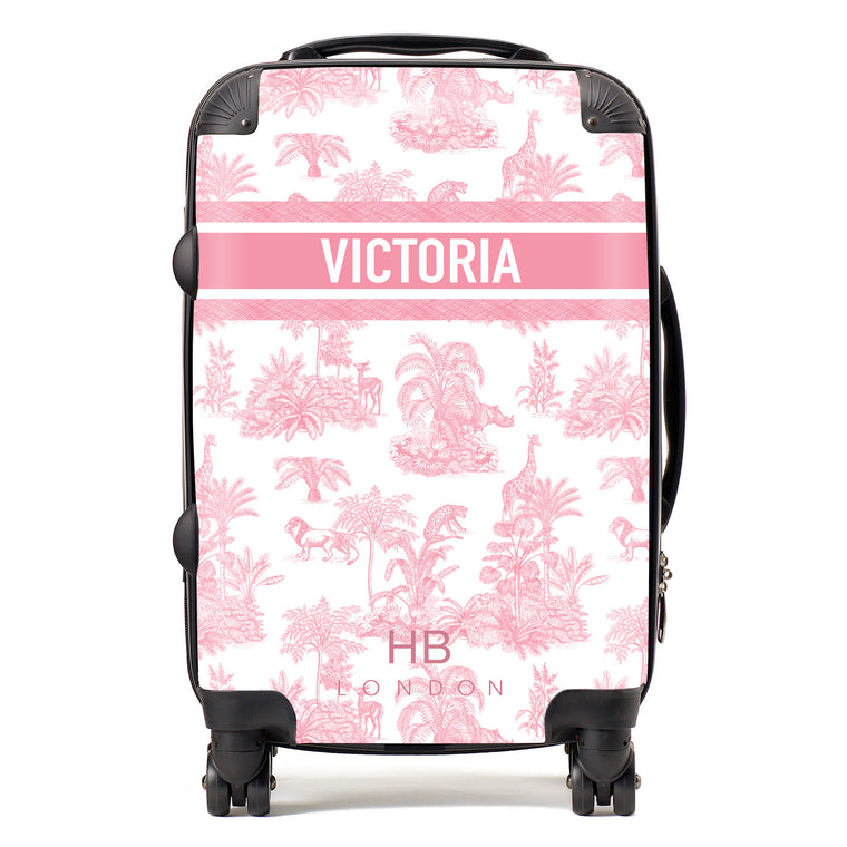 Personalised Pink Safari Toile with Designer Font Initial Suitcase - HB LONDON