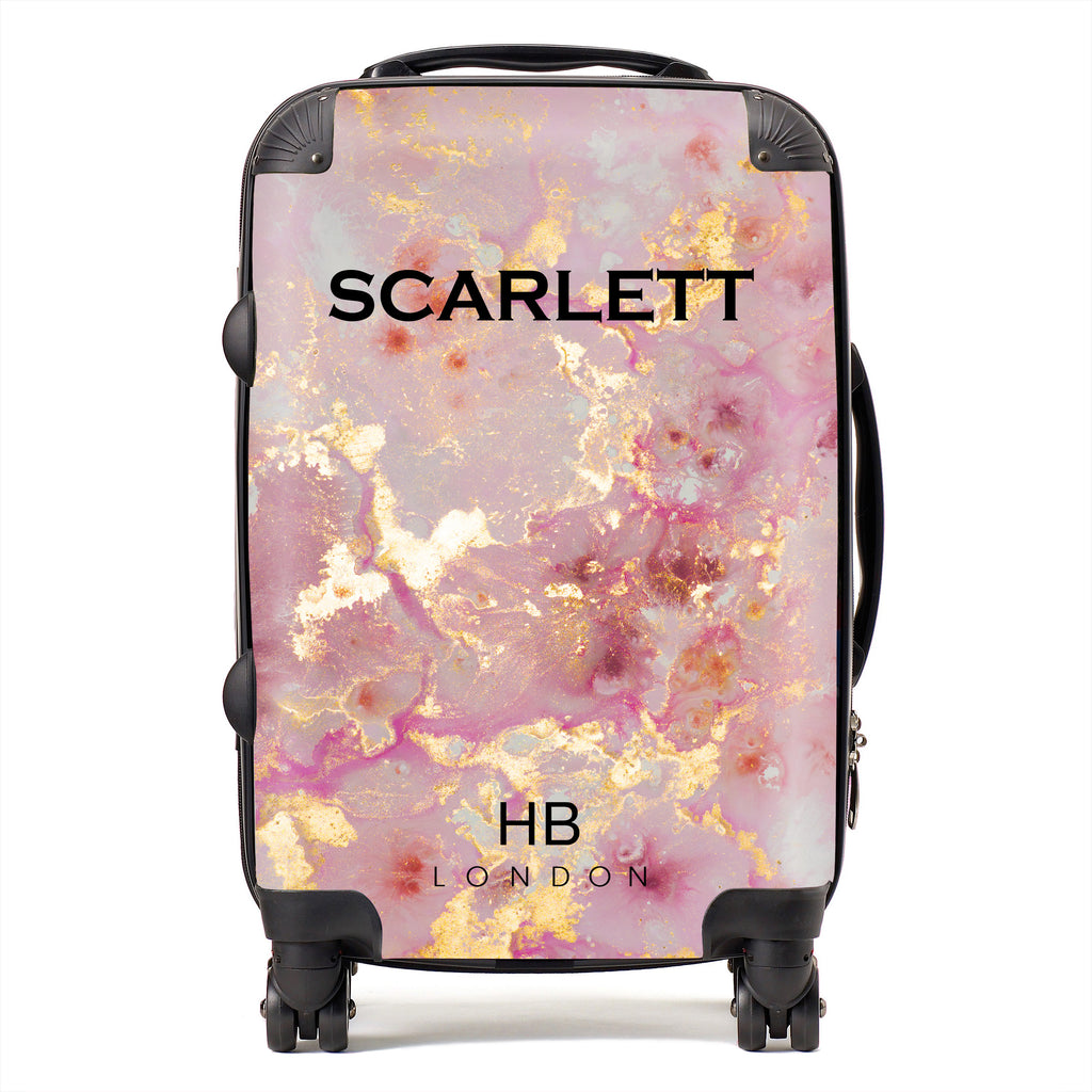 Personalised Pink and Gold Marble with Black Font Initial Suitcase - HB LONDON
