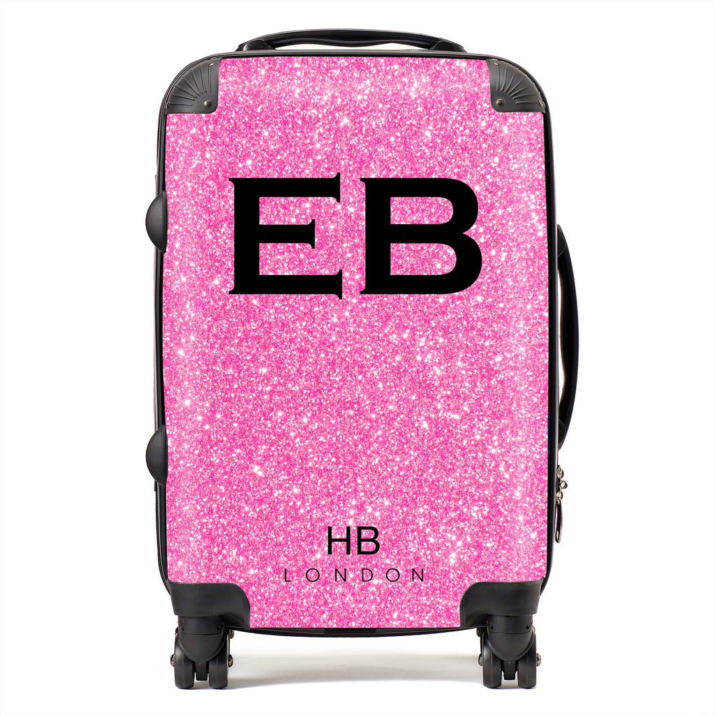 Personalised Spice Girl Pink Glitter Effect with Black Font Initial Suitcase - HB LONDON