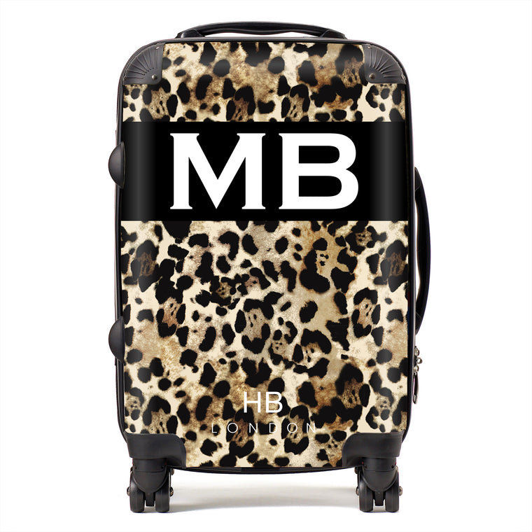 Personalised Spice Girl Leopard Print with White Font Initial Suitcase - HB LONDON