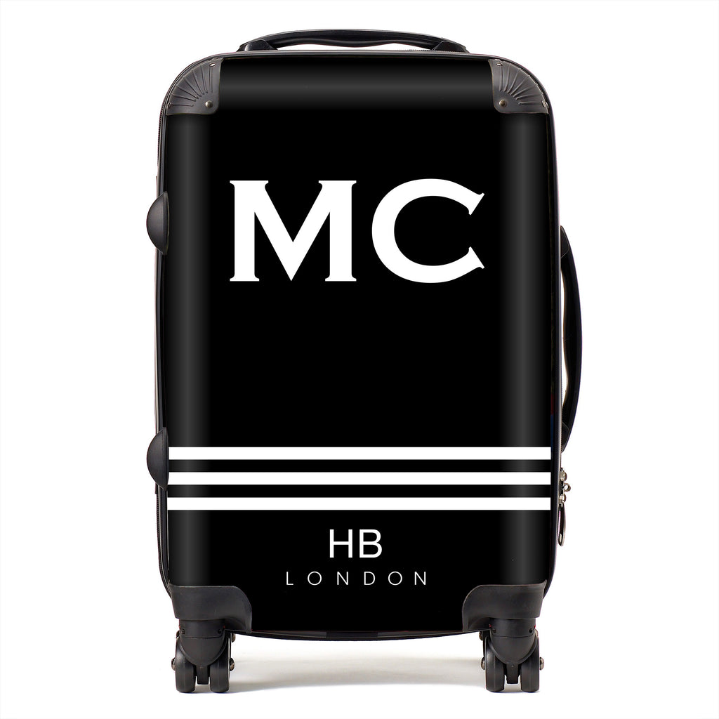 Personalised Spice Girl Black with White Stripes and White Font Initial Suitcase - HB LONDON
