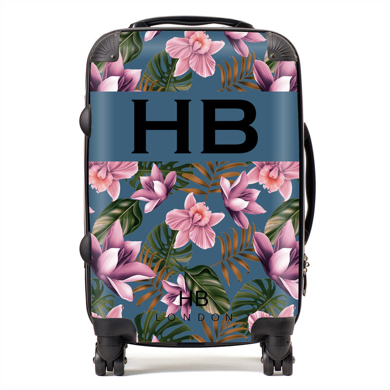 Personalised Teal and Mauve Tropical Flowers with Black Font Initial Suitcase - HB LONDON