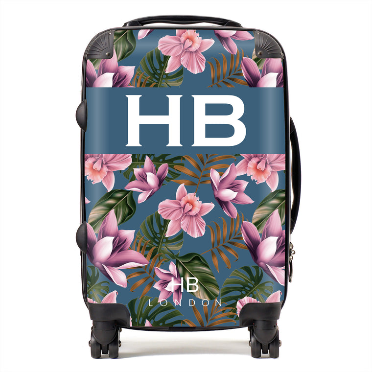 Personalised Teal and Mauve Tropical Flowers with White Font Initial Suitcase - HB LONDON